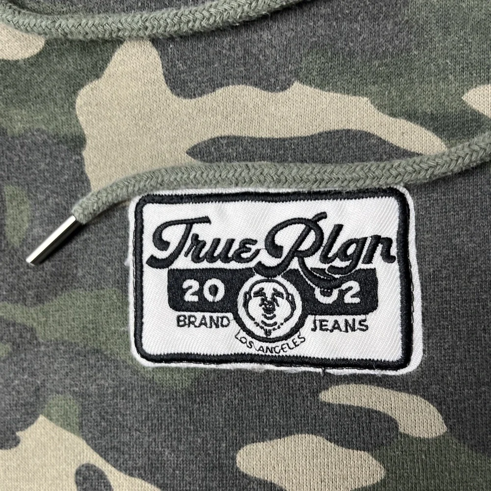 True Religion Hoodie Mens M Green Camo Pullover Patch Logo Drawstring